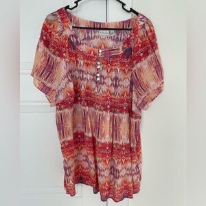 Kim Rogers Woman Orange Purple & Red Abstract Pattern Blouse Top Size 2X